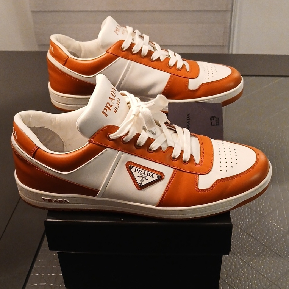 Prada Men's Downtown Low Top White and Orange Sneakers - Picture 2 of 14